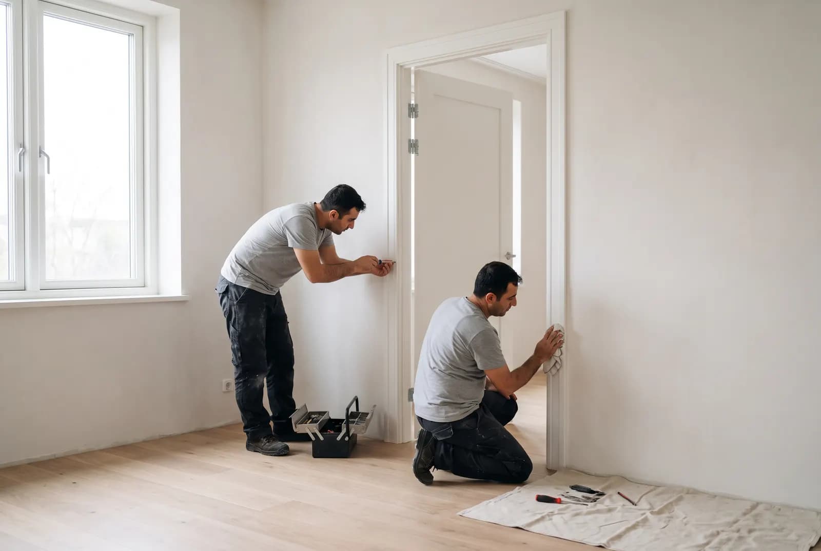 Samsun Oda Kapısı ekibi montajı tamamlayıp pervazı temizlerken